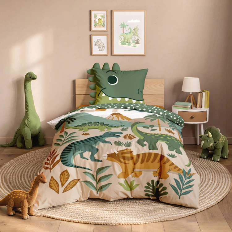 Conjunto de cama infantil de 2 peças, 100 % algodão, com estampado de dinossauros: colcha + fronha