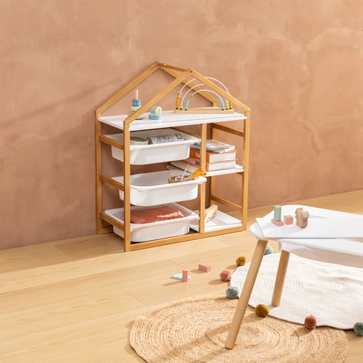 Kinder-Bücherregal in Hausform mit 3 Aufbewahrungsboxen