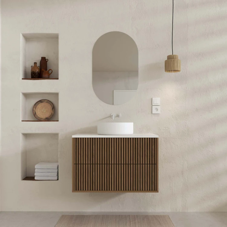 Mobile bagno sospeso con frontale dentellato, lavabo/i rotondo/i e specchio/i ovale/i