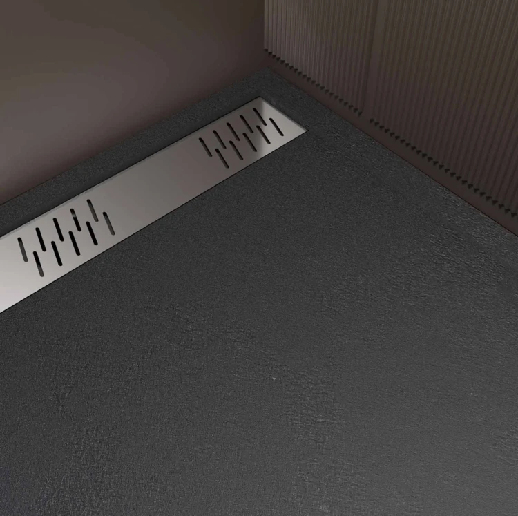Receveur de douche extra-plat en résine effet pierre  grille linéaire chrome