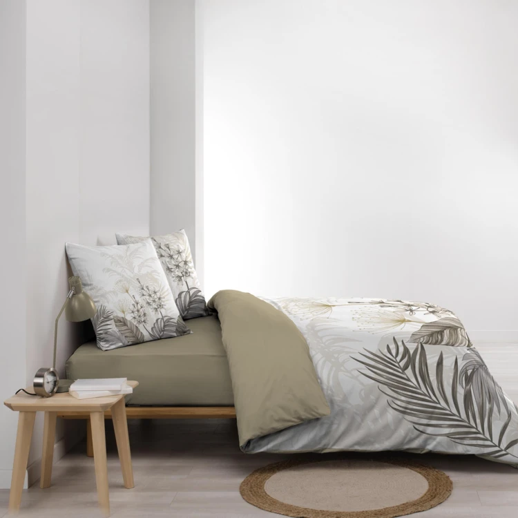 Parure de lit 3 pièces coton motif feuillage floral housse + 2 taies
