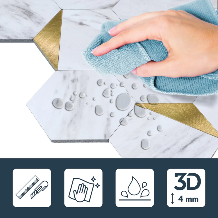 Lot de 4 crédences adhésives murales 3D effet carrelage hexagonal