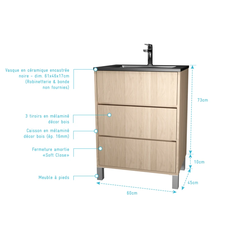 Mobile bagno con piedini, 3 cassetti e lavabo in ceramica