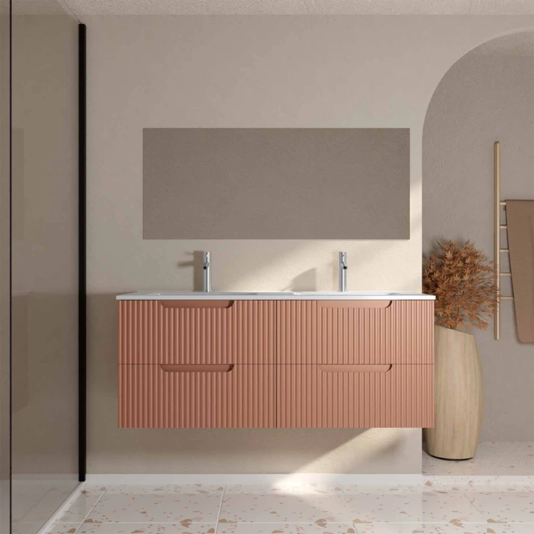 Mobile lavabo doppio con frontale ondulato e ampio spazio di archiviazione