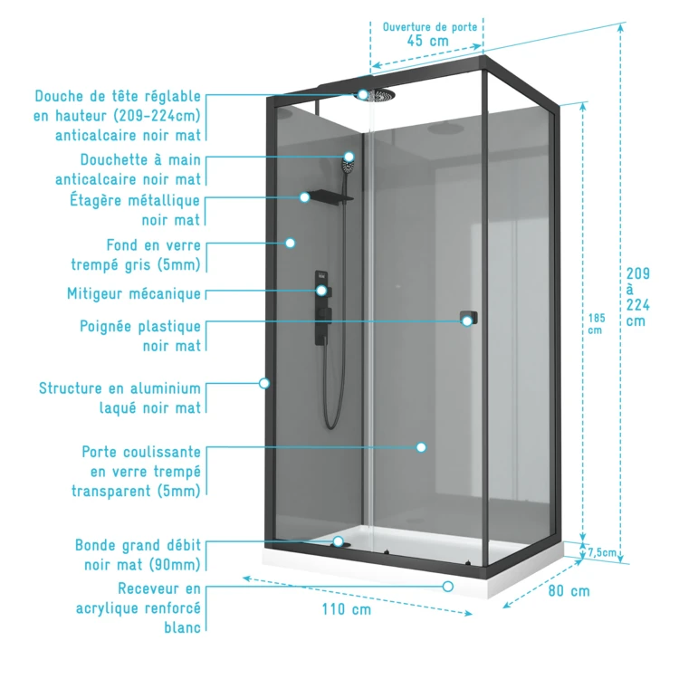 Cabine de douche rectangulaire avec receveur bas et porte coulissante