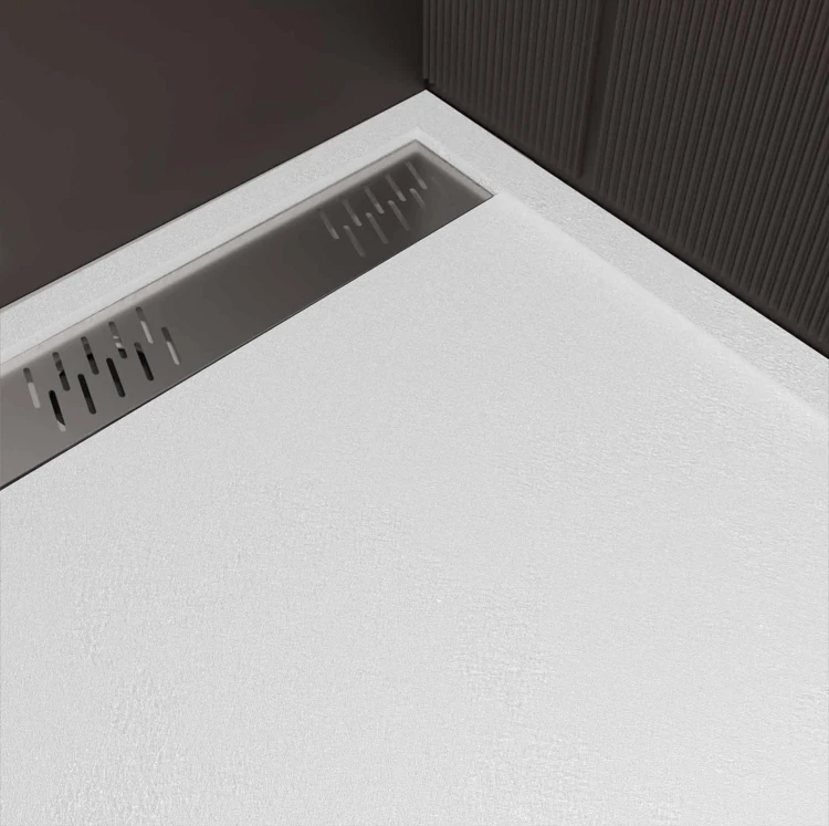 Receveur de douche extra-plat en résine effet pierre  grille linéaire chrome
