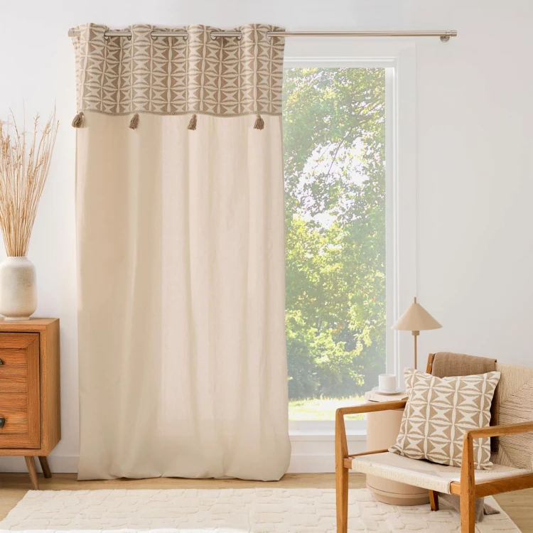 Rideau tamisant à œillets en polycoton avec jacquard et pompons