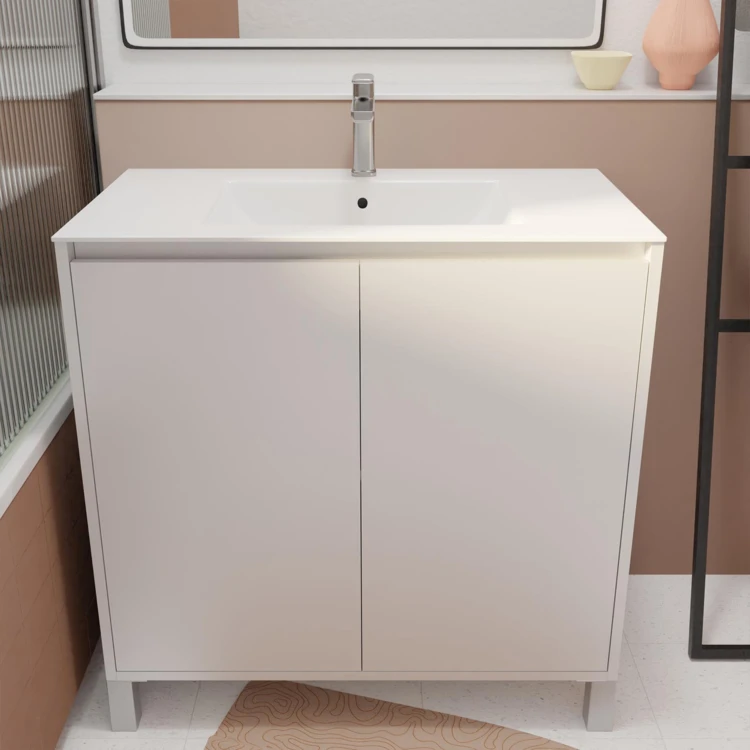 Meuble de salle de bains sur pieds avec 2 portes et vasque