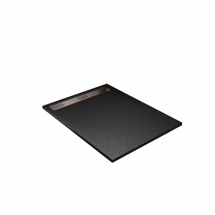 Receveur de douche extra-plat en résine effet pierre  grille linéaire chrome