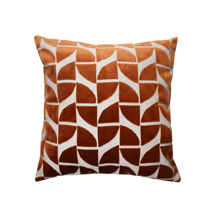 Coussin décoratif carré en velours dévoré à motif géométrique