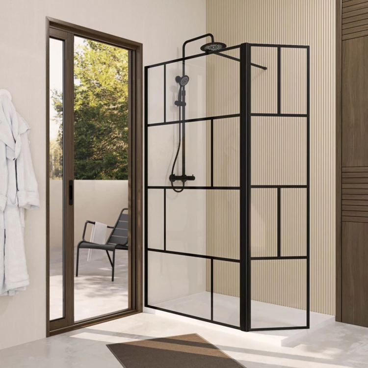 Paroi de douche sérigraphiée avec volet pivotant en verre trempé anticalcaire