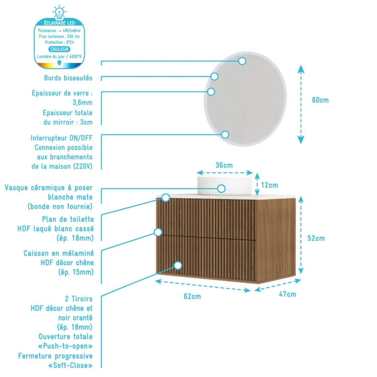 Mobile bagno sospeso con frontale dentellato, lavabo/i rotondo/i e specchio/i LED