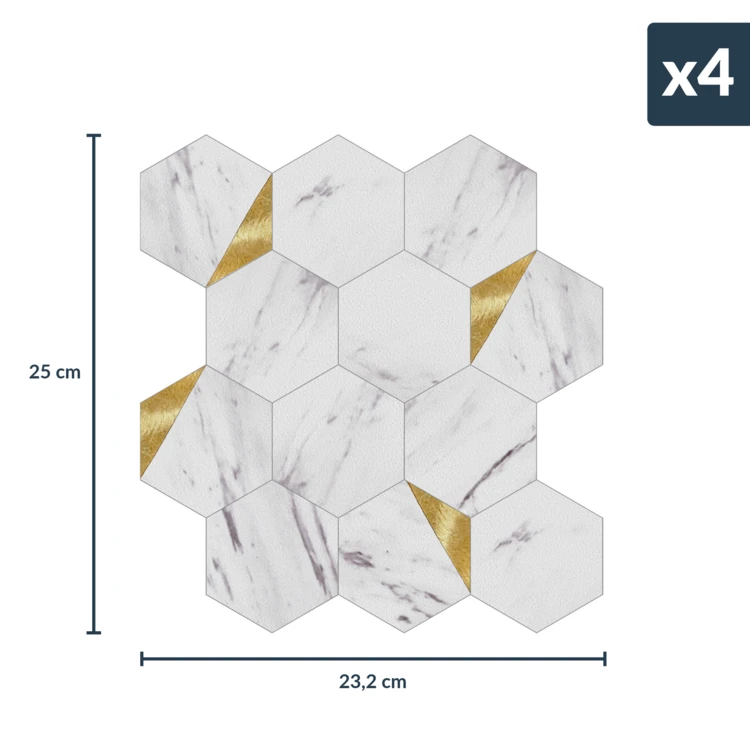 Lot de 4 crédences adhésives murales 3D effet carrelage hexagonal