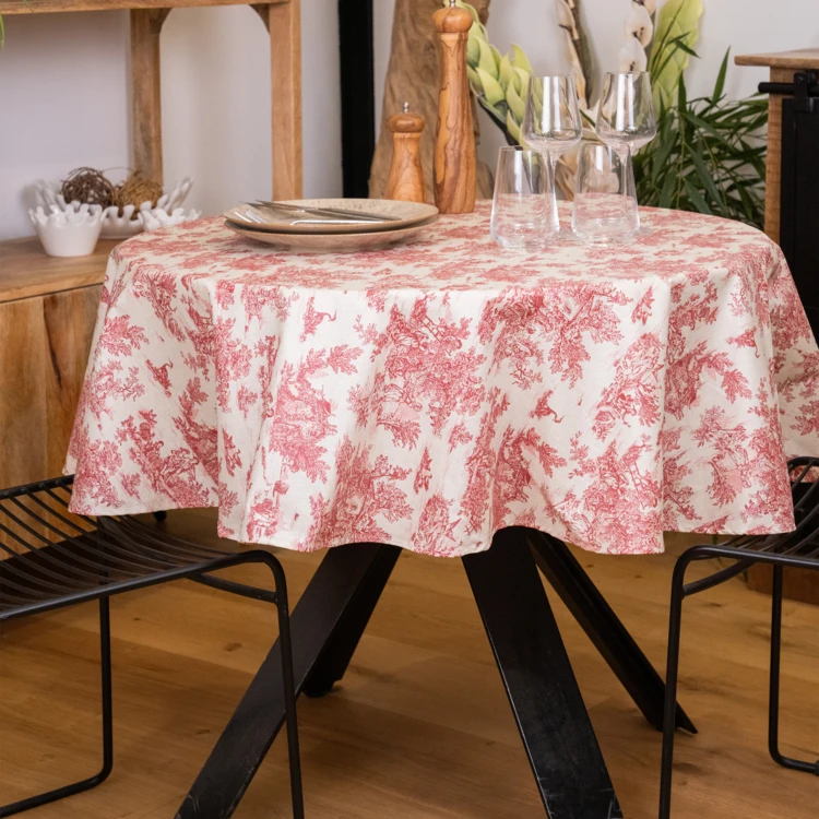 Runde Wachstuchtischdecke mit Toile-de-Jouy-Muster