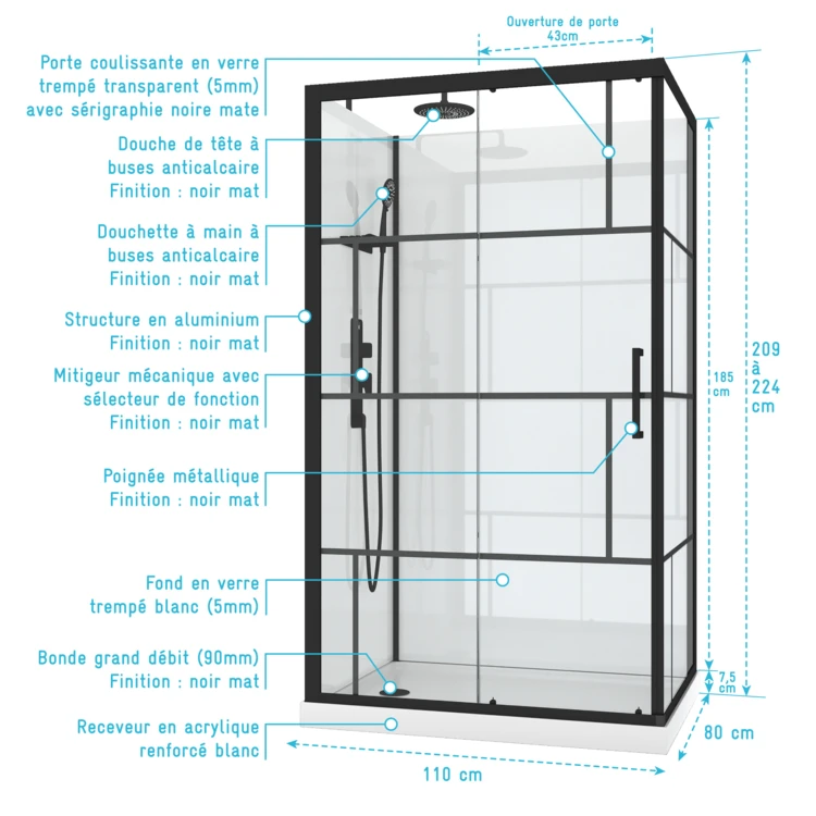 Cabine de douche rectangulaire portes coulissantes graphique