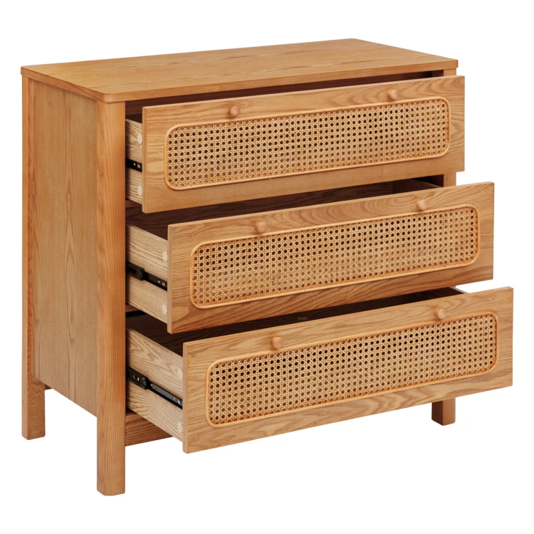 Cómoda de madera de 3 cajones con mimbre calado