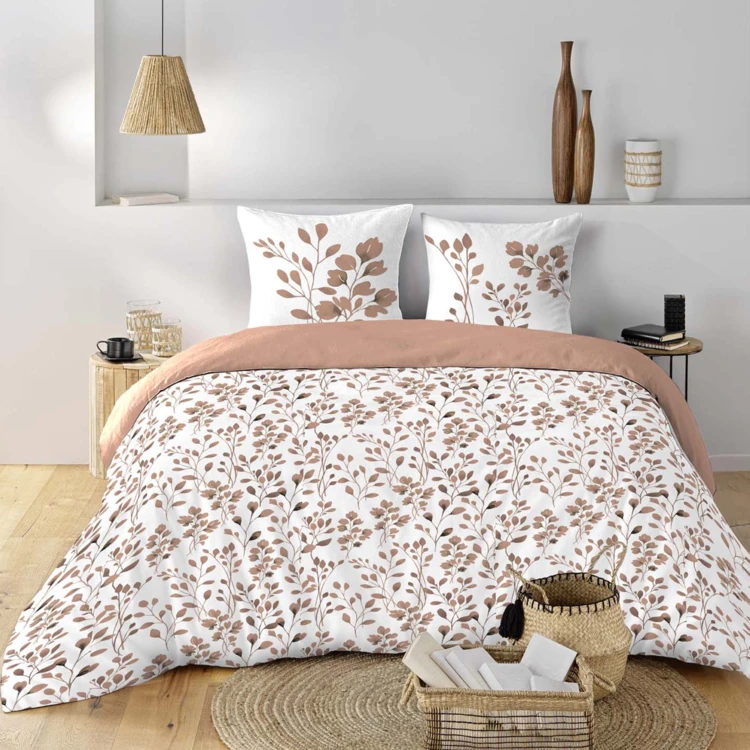 Parure de lit 3 pièces en coton à motif feuillage housse + taies