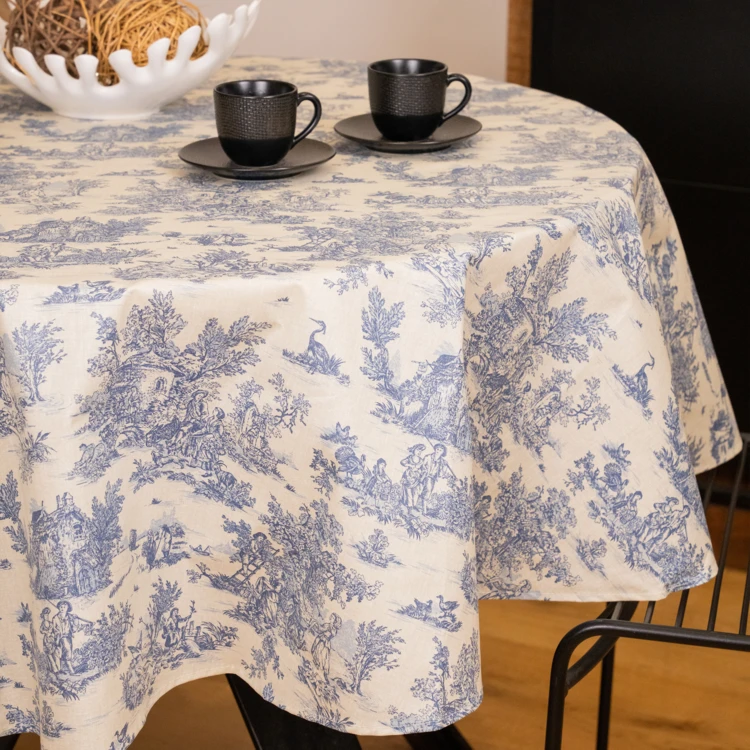 Runde Wachstuchtischdecke mit Toile-de-Jouy-Muster