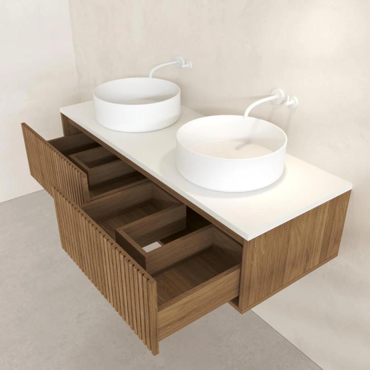 Mobile bagno sospeso con frontale dentellato, lavabo/i rotondo/i e specchio/i LED