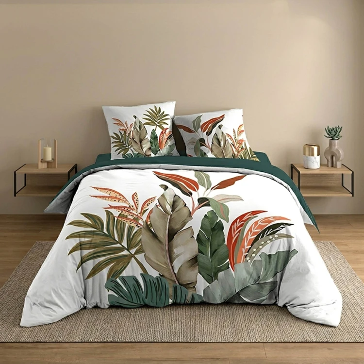 Conjunto de cama de 3 peças, 100 % algodão, com estampado tropical: capa de edredão + fronhas