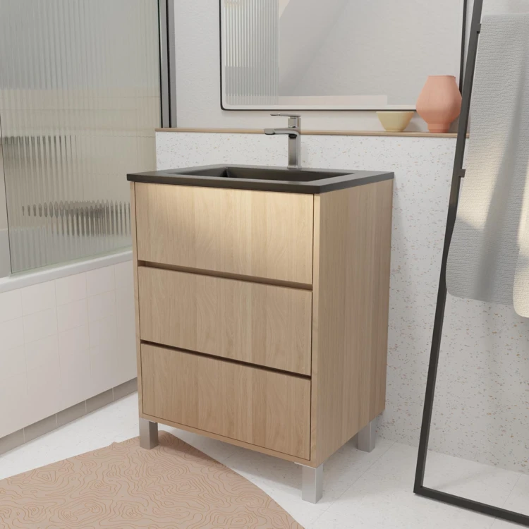 Mobile bagno con piedini, 3 cassetti e lavabo in ceramica