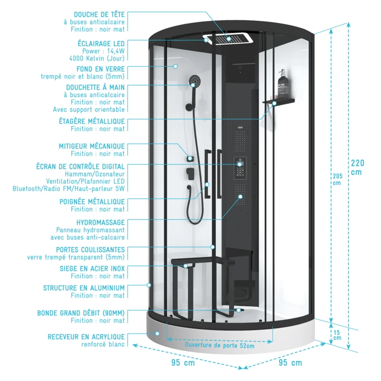 Cabine de douche hammam 1/4 de cercle hydromassant