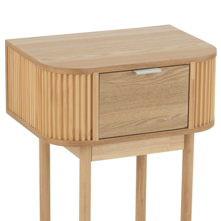 Mesita de noche redonda de madera natural con cajón