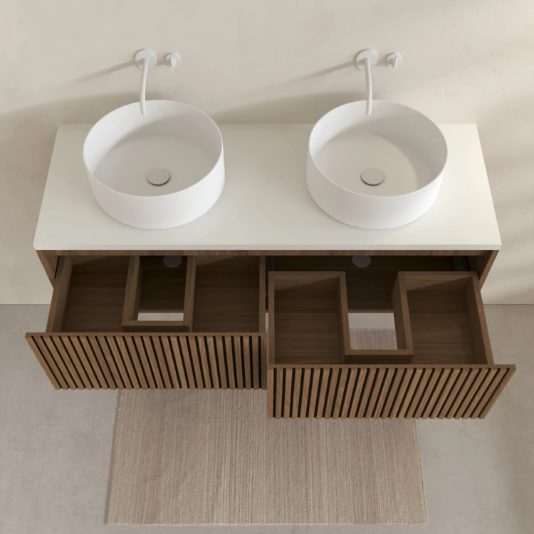 Mobile da bagno sospeso con frontale a intaglio, mobiletto e lavabo da appoggio