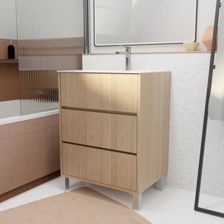 Mobile bagno con piedini, 3 cassetti e lavabo in ceramica