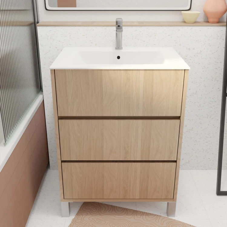 Mobile bagno con piedini, 3 cassetti e lavabo in ceramica