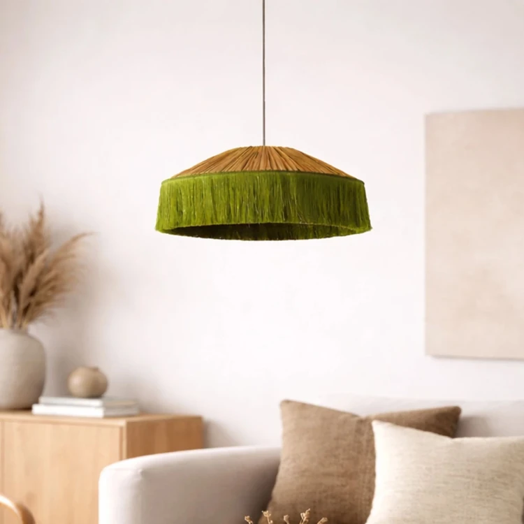 Abat-jour suspension en papier façon raphia et franges