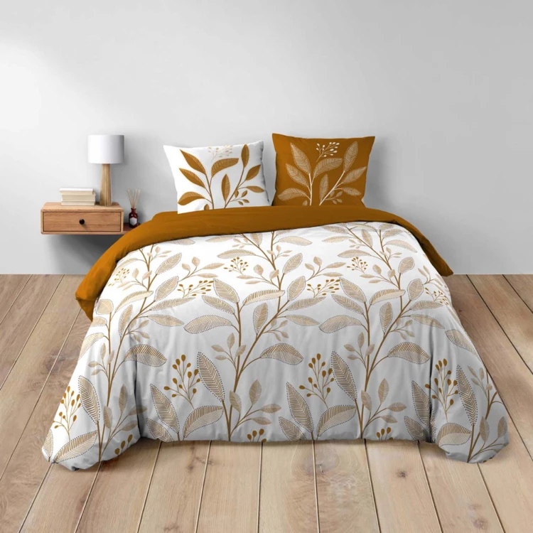 Juego de sábanas de 3 piezas de algodón con estampado de hojas + fundas de almohada