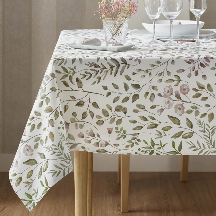 Mantel rectangular de algodón con revestimiento antimanchas y estampado vegetal
