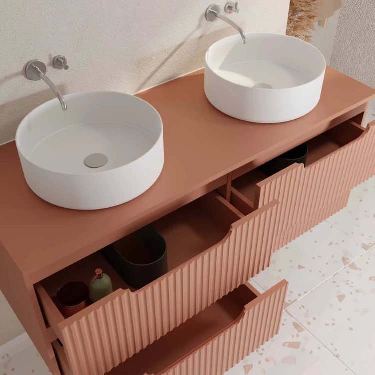 Mobile da bagno doppio lavabo rotondo con frontale ondulato e contenitori integrati