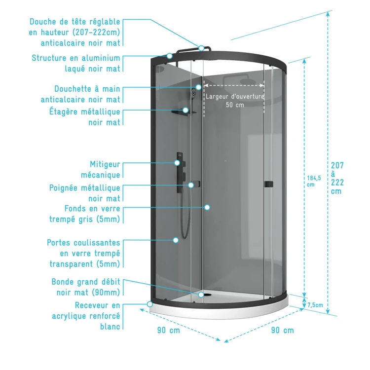 Cabine de douche 1/4 de cercle avec receveur