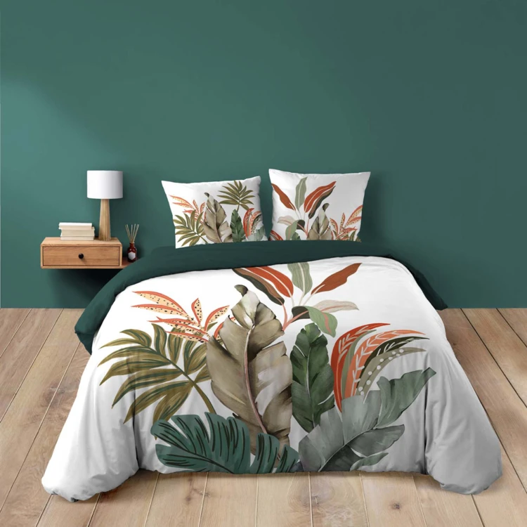 Conjunto de cama de 3 peças, 100 % algodão, com estampado tropical: capa de edredão + fronhas