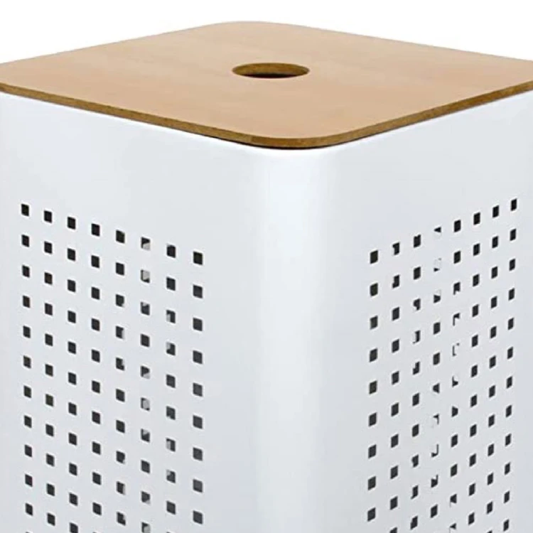 Cesto metálico blanco con tapa de madera