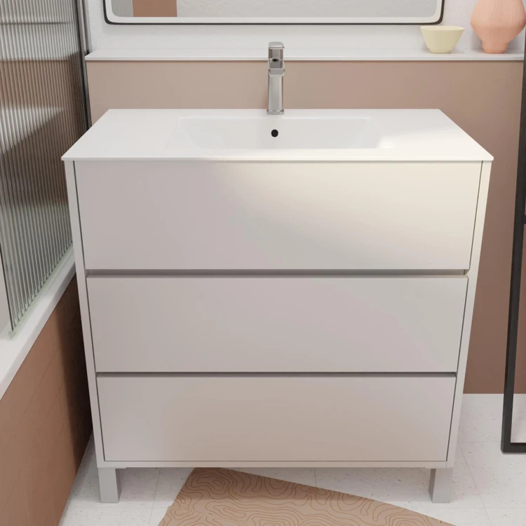 Mobile bagno con piedini, 3 cassetti e lavabo in ceramica