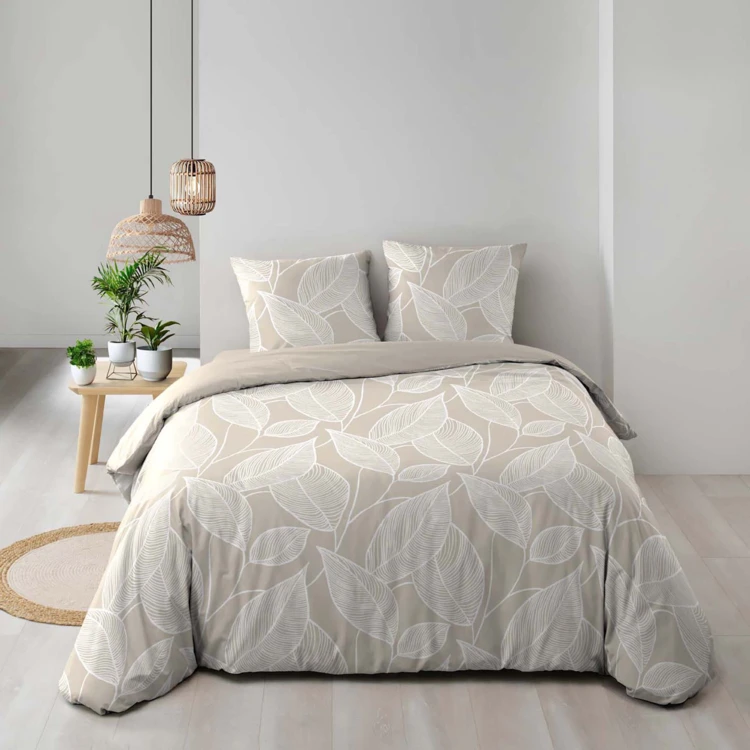 Juego de sábanas de 3 piezas de algodón con estampado de hojas + fundas de almohada